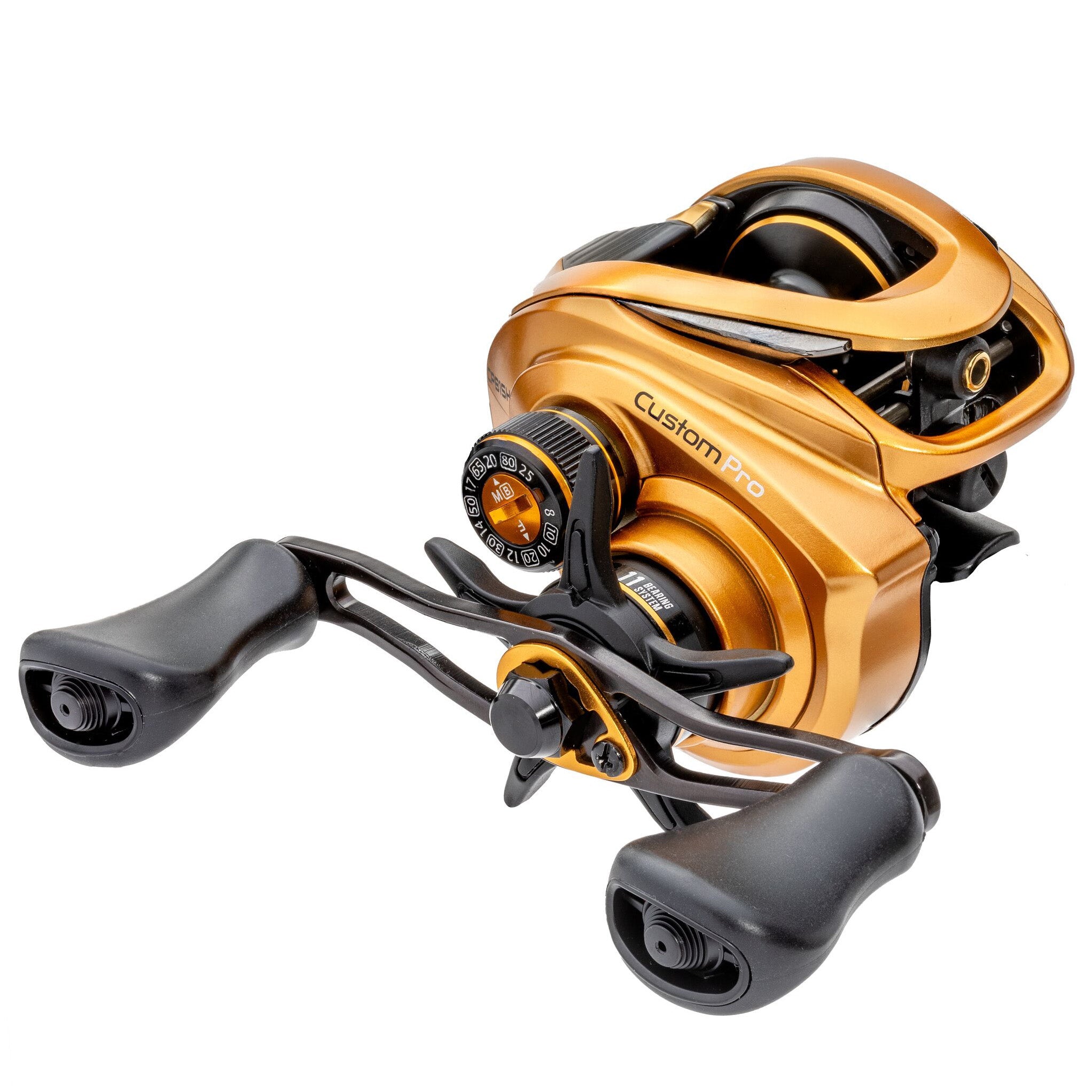 Lew's Custom Pro Casting Reel in metallic gold with ergonomic black handles, featuring precise drag adjustment and a low-profile design for smooth fishing tackle performance.