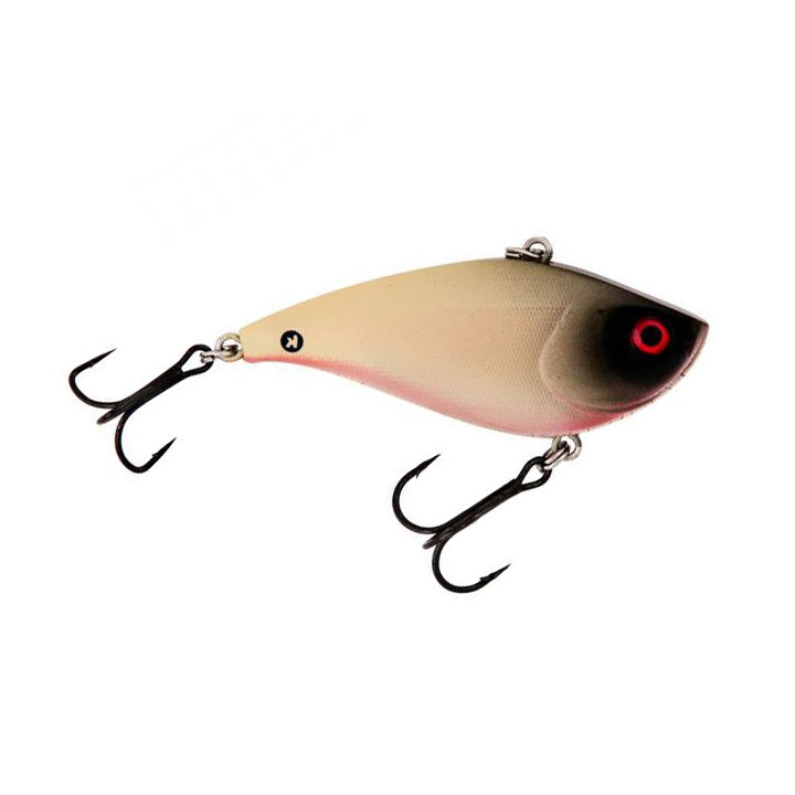 Booyah One Knocker Lipless Crankbait fishing lure with a crushed bone color pattern, featuring two sharp treble hooks and a realistic eye design for effective fishing tackle.