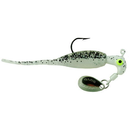 Blakemore Road Runner Slab Runner fishing lure in translucent white with black speckles, featuring a single hook, bright yellow eye, and attached silver spinner blade for attracting musky and other fish.