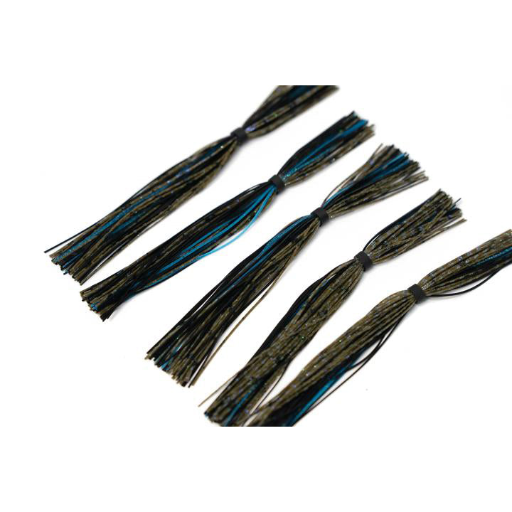 Close-up of multiple flexible 6th Sense Silicone Skirt fishing lure skirts in dark shades with blue accents, designed for enhancing fishing tackle presentation.