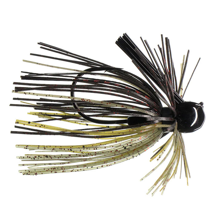 Black and olive green soft plastic fishing lure with multiple thin strands and a weighted head, designed as the Dirty Jigs Luke Clausen Finesse Jig for fishing tackle.