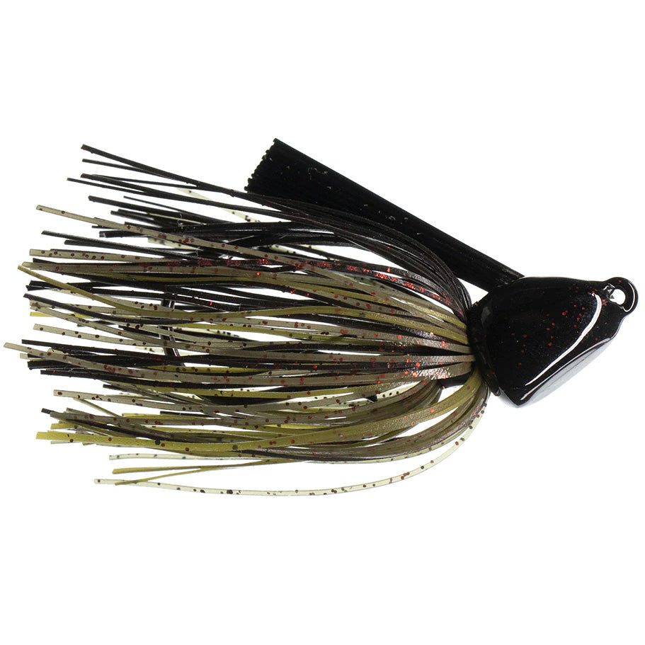 Dirty Jigs No-Jack Punchin' Jig featuring a black and olive green skirt with red flecks, designed as a fishing lure for musky and other freshwater fishing.