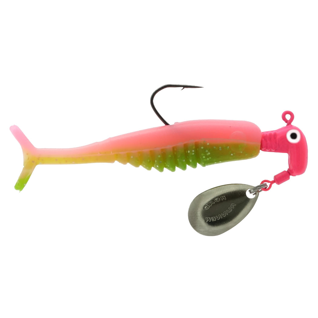 Blakemore Road Runner Crappie X-Tractor fishing lure in pink and green with soft plastic body, single hook, and attached silver spinner blade designed for crappie fishing.