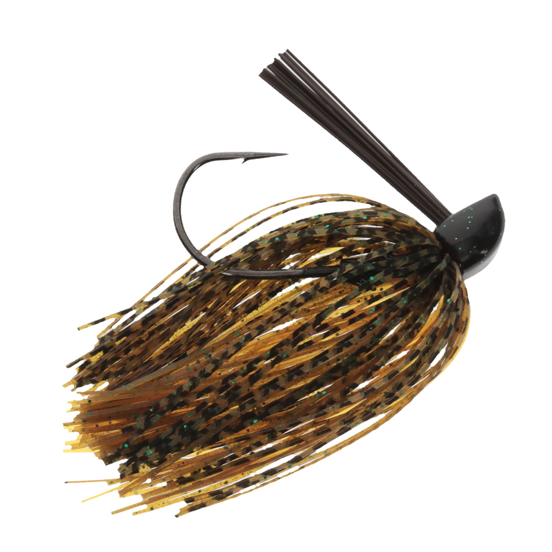 Strike King Compact Tungsten Casting Jig with a sharp hook and brown and black speckled skirt, designed for effective fishing tackle use in freshwater environments.