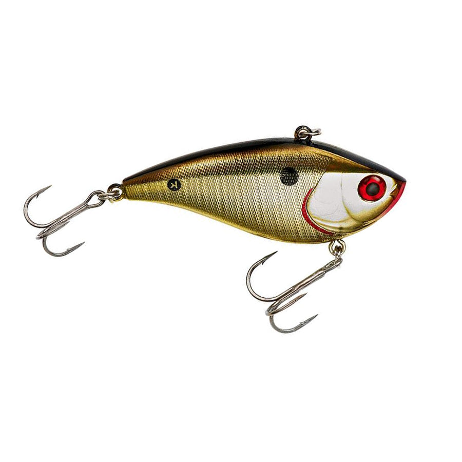 Booyah One Knocker Lipless Crankbait in gold shiner color with realistic fish scale pattern, red eye detail, and two treble hooks for effective fishing tackle use.