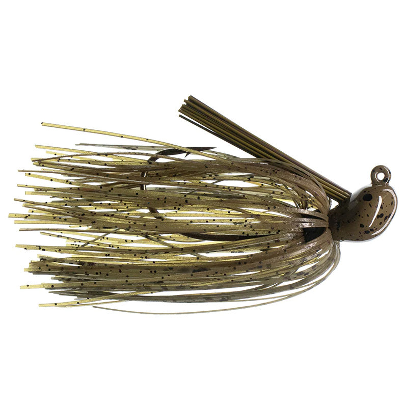 Dirty Jigs Luke Clausen Casting Jig in olive green with black speckles, featuring a weighted head, sharp hook, and flexible skirt designed for fishing tackle.