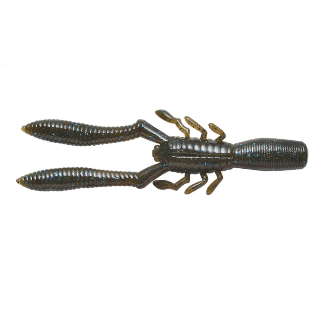 Megabass Bottle Shrimp fishing lure designed to resemble a small crayfish with segmented body, two long pincers, and detailed legs in dark color with blue flecks.