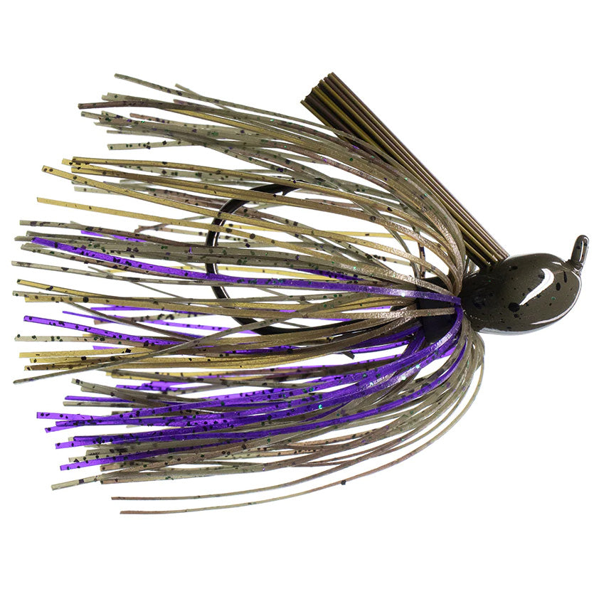 Dirty Jigs Matt Herren Flippin' Jig with a dark weighted head and skirt featuring purple and olive strands, designed for effective fishing tackle use.