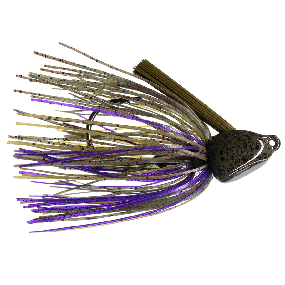 Dirty Jigs No-Jack Punchin' Jig with a weighted head and multi-colored silicone strands in shades of purple, brown, and tan, designed for effective fishing tackle use.
