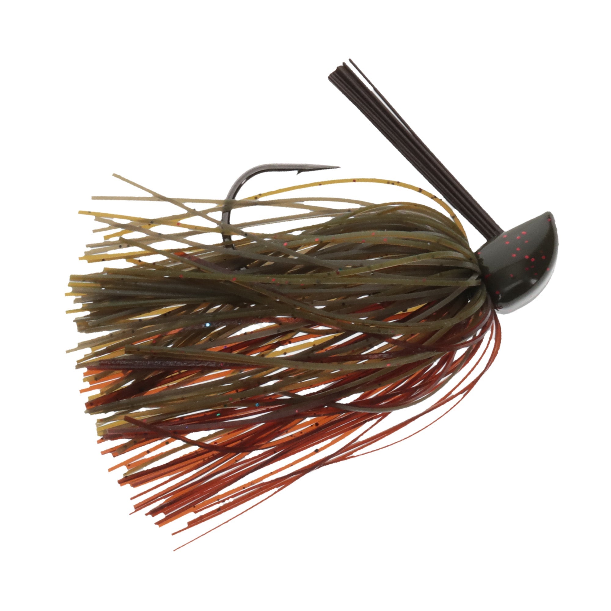 Strike King Compact Tungsten Casting Jig fishing lure with olive and orange skirt, weighted tungsten head, and single sharp hook, designed for use in fishing tackle.