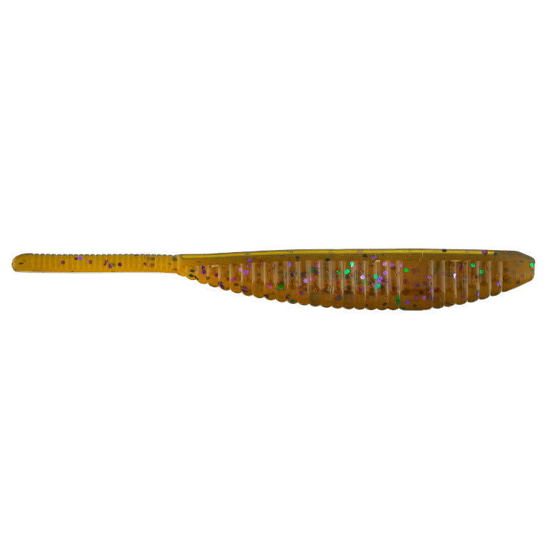 Yamamoto 5" Shad Shape Floater fishing lure in translucent brown with iridescent glitter, designed for use with fishing tackle to attract fish.