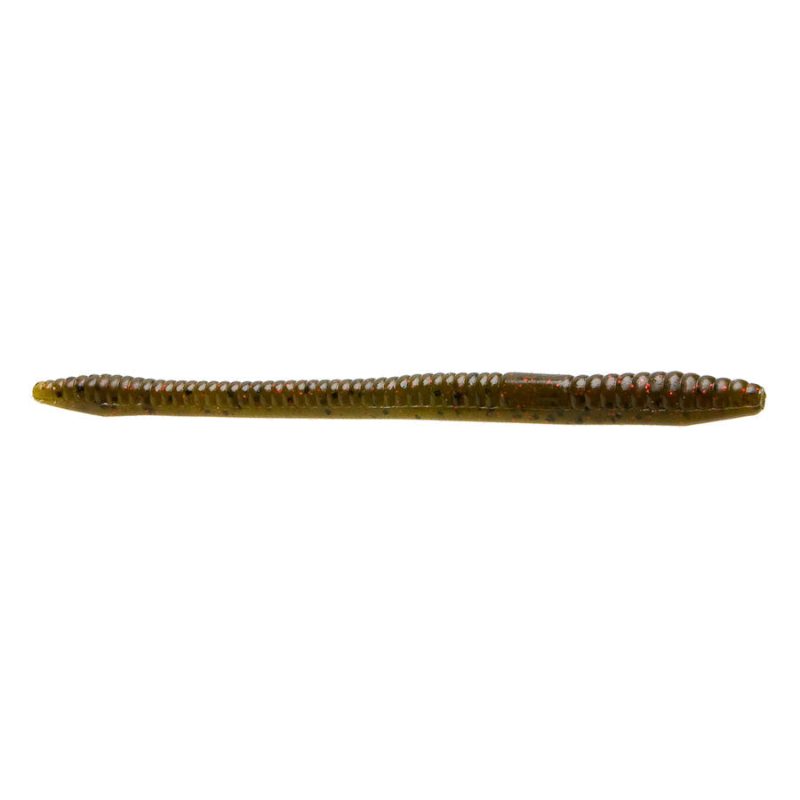 Zoom Finesse Worm fishing lure in a greenish-brown color with textured segmented body designed for enhanced movement and attraction in fishing tackle.