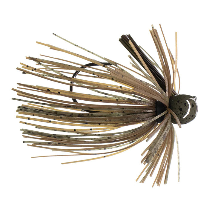 Dirty Jigs Luke Clausen Finesse Jig in natural green pumpkin color featuring a round head with multiple soft silicone strands designed for fishing tackle and lure applications.