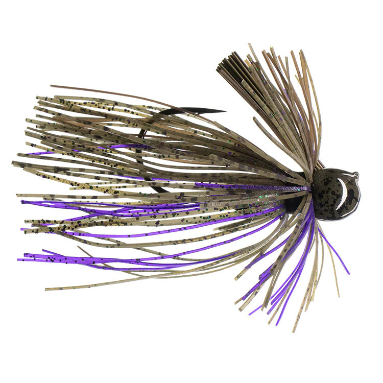 Dirty Jigs Luke Clausen Finesse Jig fishing lure with a combination of olive, purple, and black skirt strands designed for effective presentation in fishing tackle.