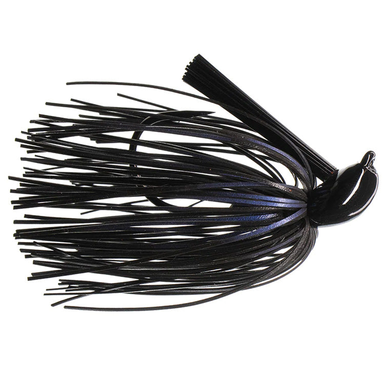 Dirty Jigs Tour Level Pitchin' Jig in black with detailed rubber skirt designed for fishing tackle applications, ideal for musky and other large freshwater fish.