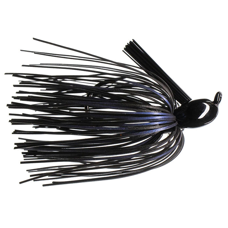 Dirty Jigs Matt Herren Flippin' Jig fishing lure in black with flexible skirt strands and a weighted head, designed for effective use in freshwater fishing tackle.