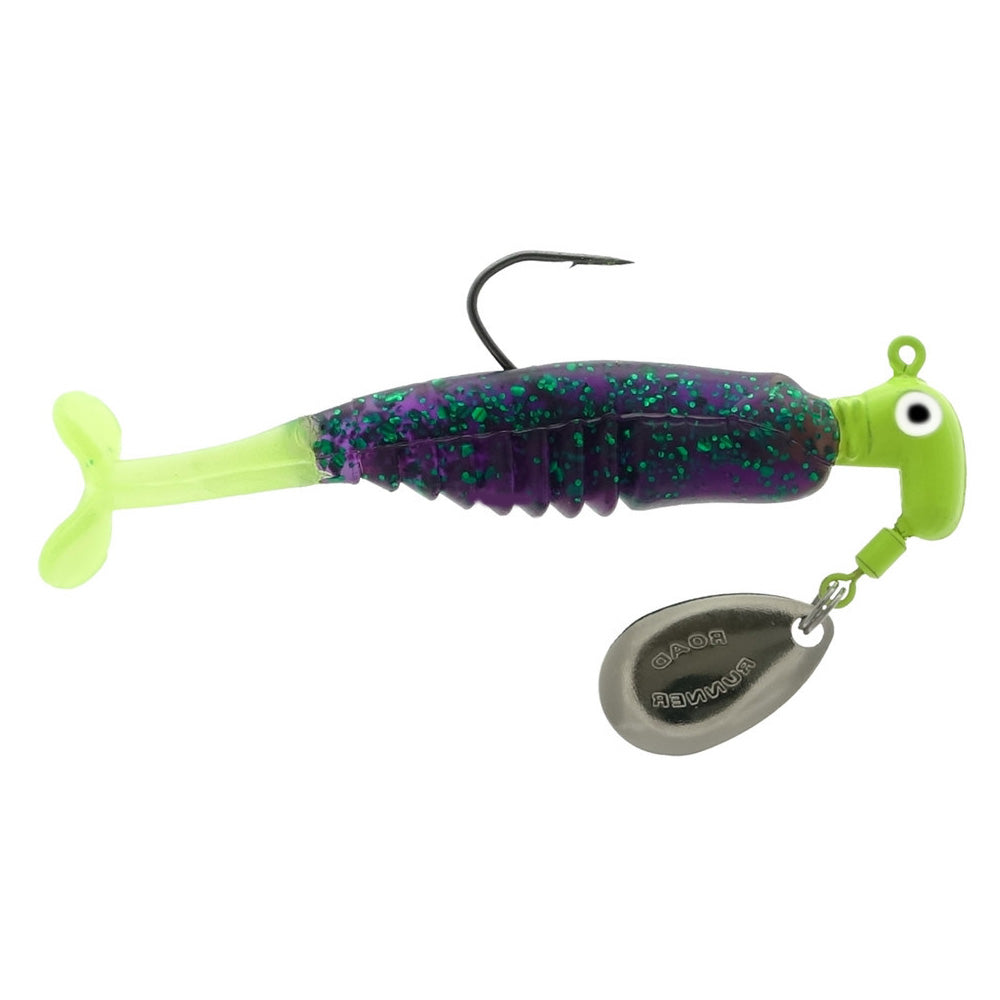 Blakemore Road Runner Crappie X-Tractor fishing lure with a green tail, purple body with blue speckles, single hook, and attached silver spinner blade for enhanced fishing tackle performance.