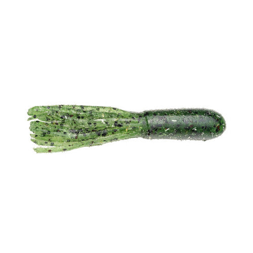 Soft green fishing lure with black specks and multiple slender, flexible trailing strands, designed as the Strike King Fat Coffee Tube for fishing tackle.