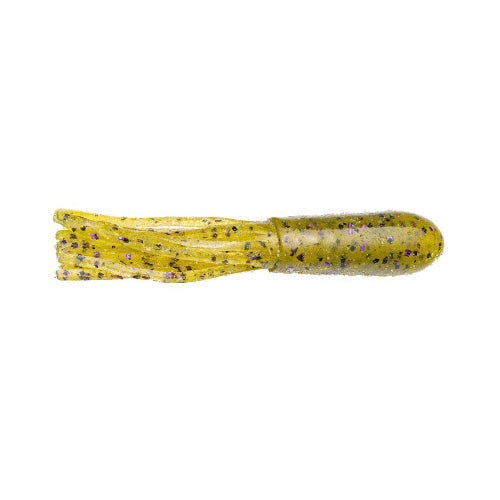 Strike King Fat Coffee Tube fishing lure in translucent yellow-green with purple and black flecks, designed for musky fishing and trout targeting.