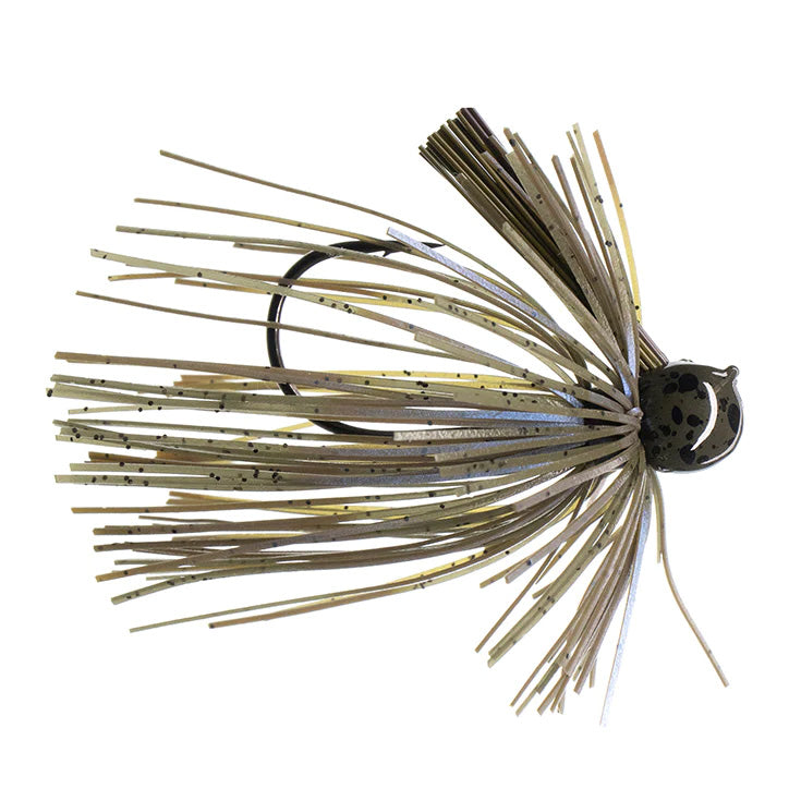Close-up of a Dirty Jigs Luke Clausen Finesse Jig showing a detailed skirt with natural green and brown tones, designed as an effective fishing lure for freshwater fishing.