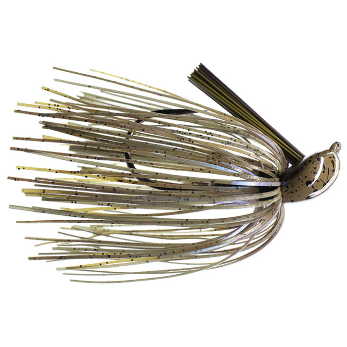 Dirty Jigs Tour Level Pitchin' Jig fishing lure in natural beige and brown tones with flexible skirt strands and a weighted head designed for effective pitch fishing.