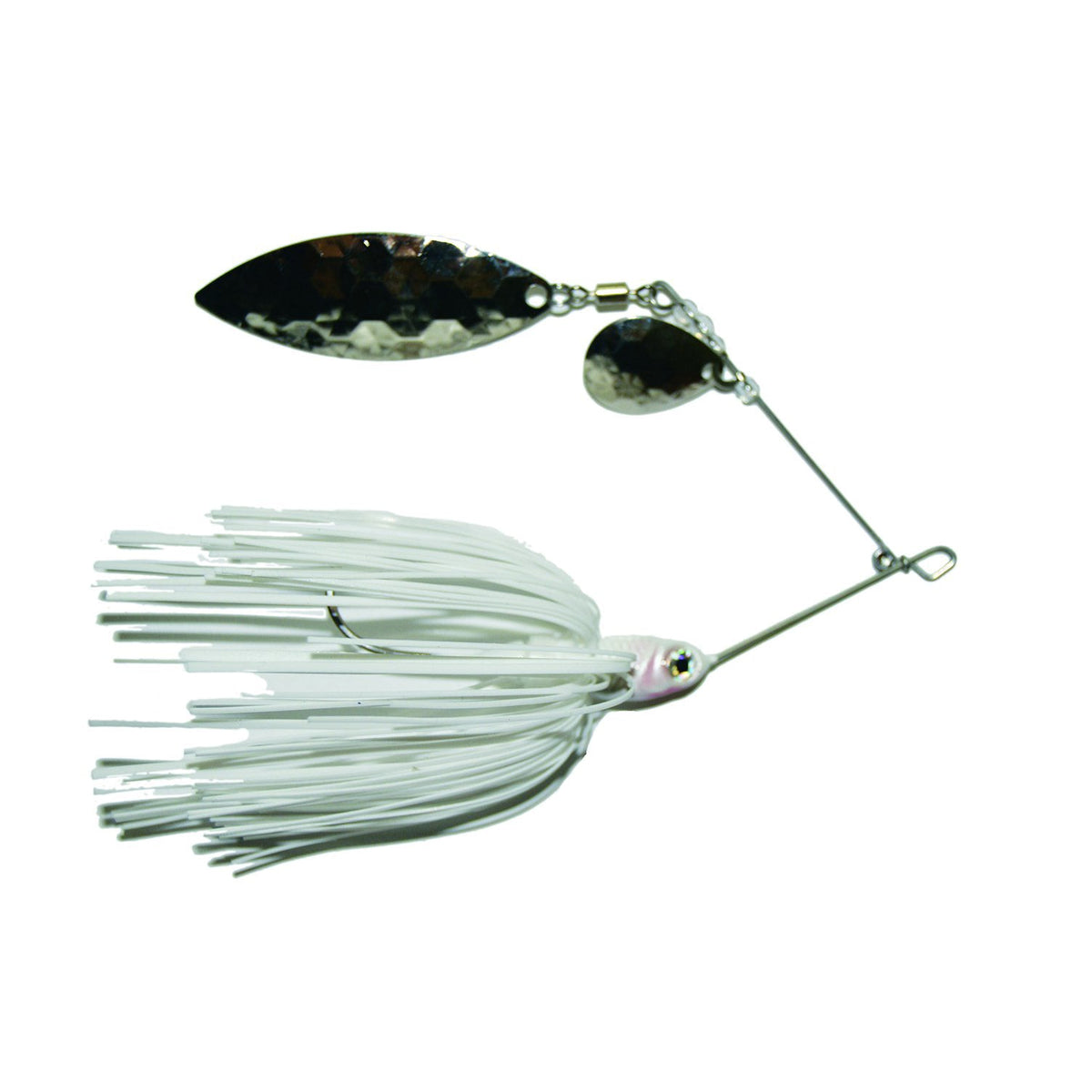 Mission Tackle Spinnerbait Tandem Spin featuring dual hammered silver blades and white skirt for enhanced fishing lure action, ideal for fishing tackle enthusiasts.
