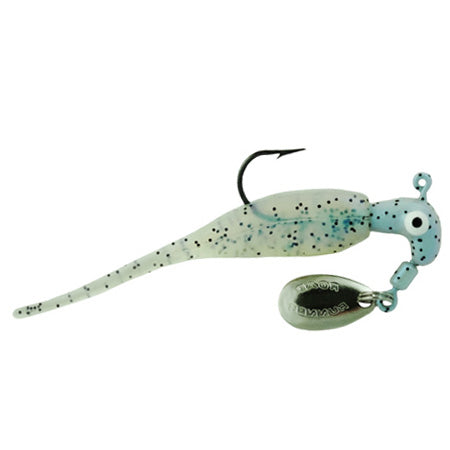 Blakemore Road Runner Slab Runner fishing lure with a translucent blue and white soft body, black speckles, single hook, and small silver spinner for attracting fish.