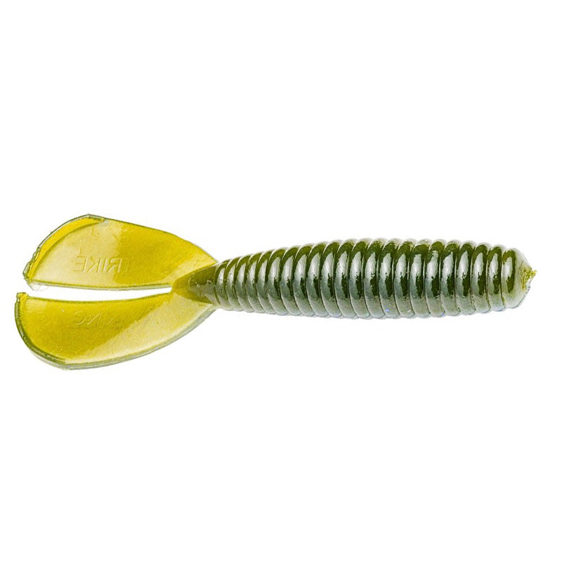 Strike King Magnum Rage Menace Grub fishing lure in green and yellow with ribbed body and split tail designed for effective action in fishing tackle.