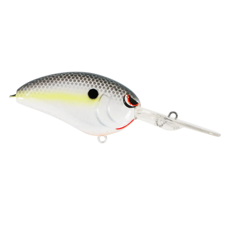 SPRO Little John Baby DD 60 Crankbait fishing lure with a gray and white scaled body, yellow highlight, and detailed eyes, featuring a clear angled diving lip for deep water fishing.