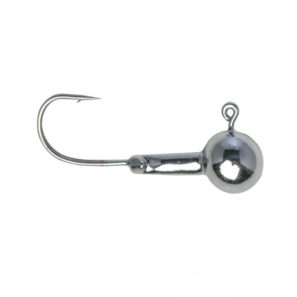 Crappie Magnet Double Cross Jig Heads featuring a shiny nickel finish with a sharp hook and weighted round head, ideal for fishing tackle and lure applications.