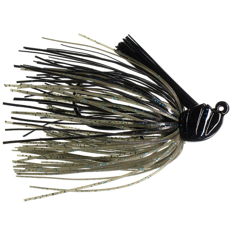 Dirty Jigs Scott Canterbury Flippin Jig featuring a black and translucent skirt with blue flecks, designed for fishing tackle targeting musky and other game fish.