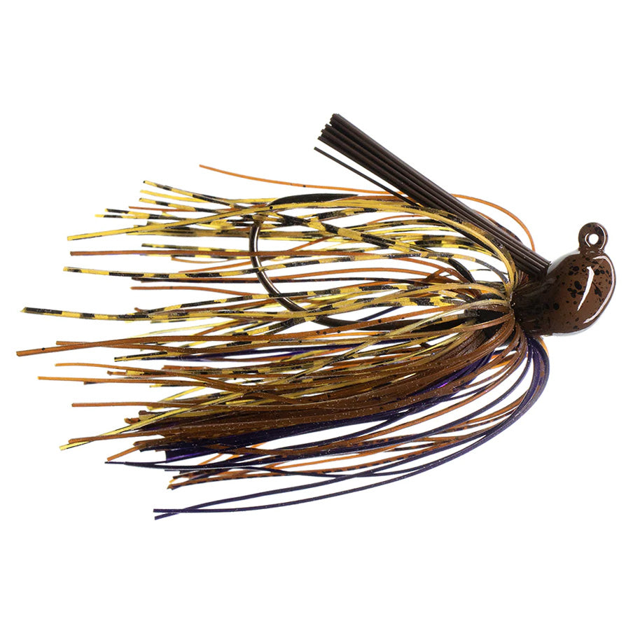 Dirty Jigs Luke Clausen Casting Jig with multi-colored skirt in shades of brown, yellow, and black, designed for fishing tackle to attract musky and other species.