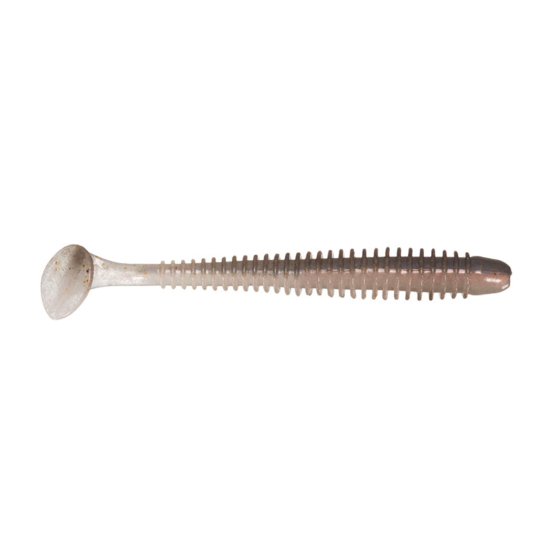 Keitech Swing Impact 3.5" + 4" soft plastic fishing lure in muted brown and translucent colors with ribbed body and paddle tail, designed for realistic movement in water.
