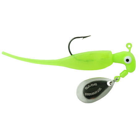 Bright chartreuse fishing lure with a soft tail, single hook, and a silver spinner blade engraved with "Road Runner," designed as the Blakemore Road Runner Slab Runner.