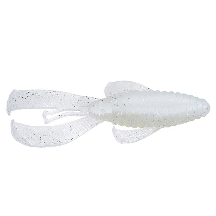 Soft plastic fishing lure in translucent pearl color with black specks, designed for freshwater fishing, named Strike King Rage Bug.