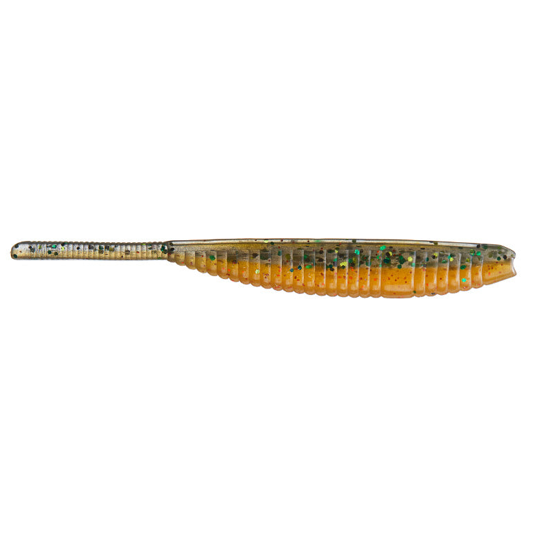 Yamamoto 5" Shad Shape Floater fishing lure in translucent amber with green and black speckles, designed for musky and freshwater fishing tackle.