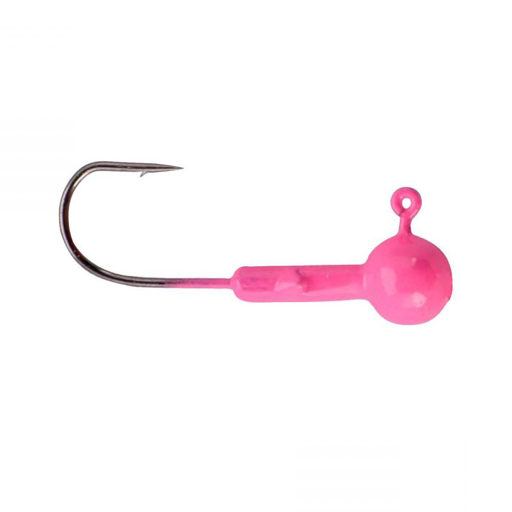 Crappie Magnet Double Cross Jig Heads in bright pink with a sharp hook and rounded weighted head designed for fishing tackle and lure applications.