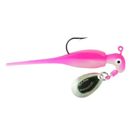 Blakemore Road Runner Slab Runner fishing lure in pink and white with a sharp hook and attached silver spinner blade for musky and ice fishing tackle.
