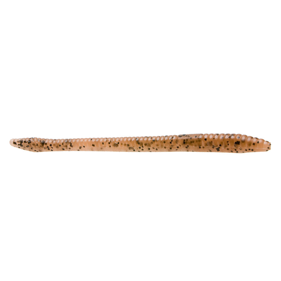 Zoom Finesse Worm fishing lure in translucent pumpkin color with black flecks, designed for precision and effectiveness in fishing tackle.