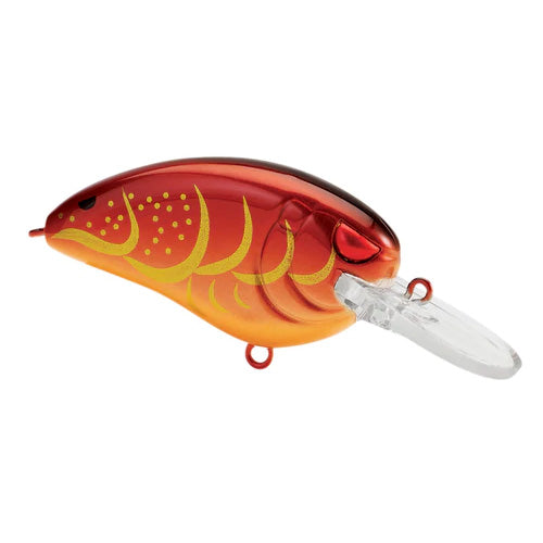 SPRO Little John MD 50 Crankbait fishing lure featuring a shiny red and orange body with yellow scale pattern and a clear plastic lip designed for effective fishing tackle use.