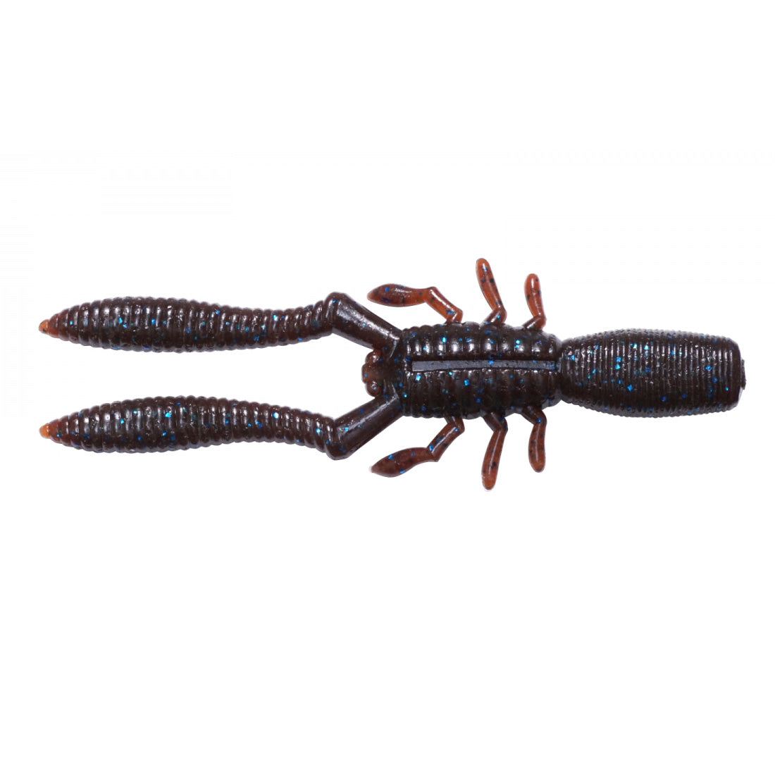 Megabass Bottle Shrimp fishing lure designed to mimic a crawfish with segmented body and two long pincers, featuring dark brown color with blue flecks for realistic fishing tackle use.