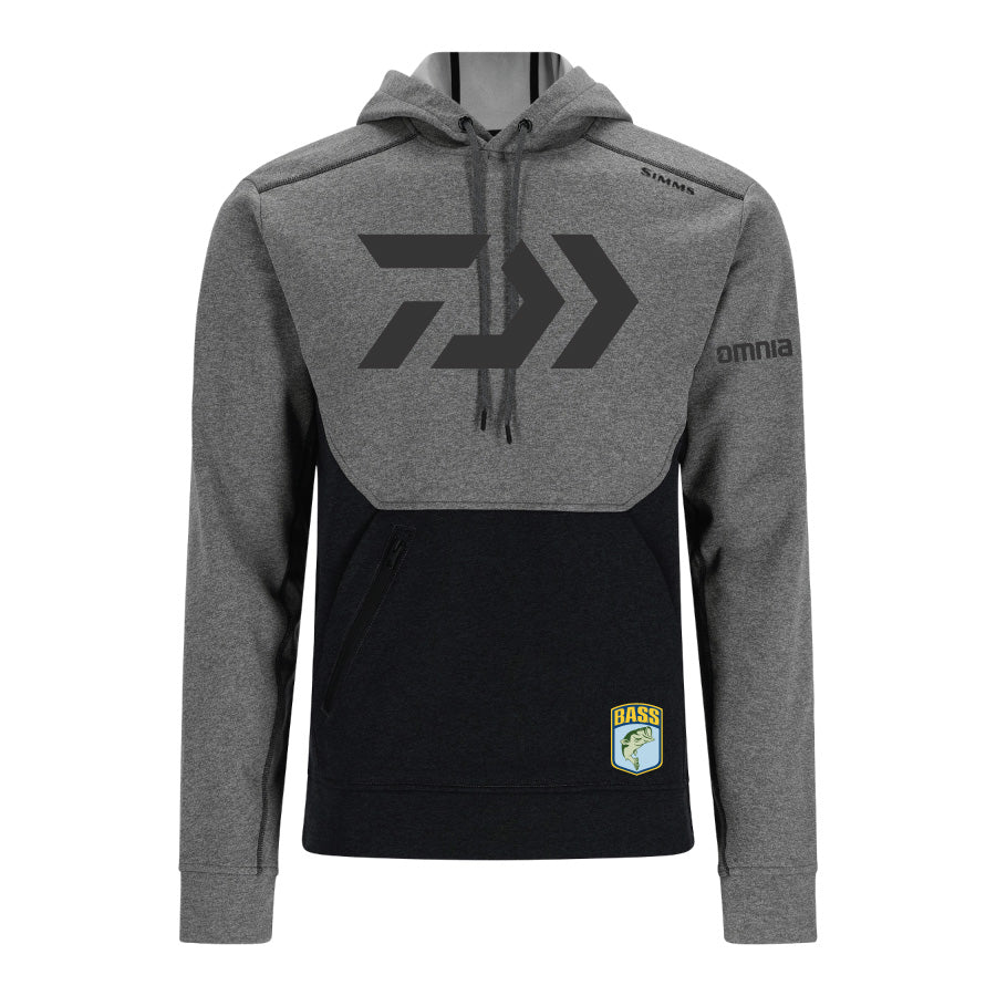 Daiwa B.A.S.S. Limited Omnia Fishing CX Hoody by Simms in gray and black with a front kangaroo pocket, adjustable hood with drawstrings, and branded logos for fishing enthusiasts.