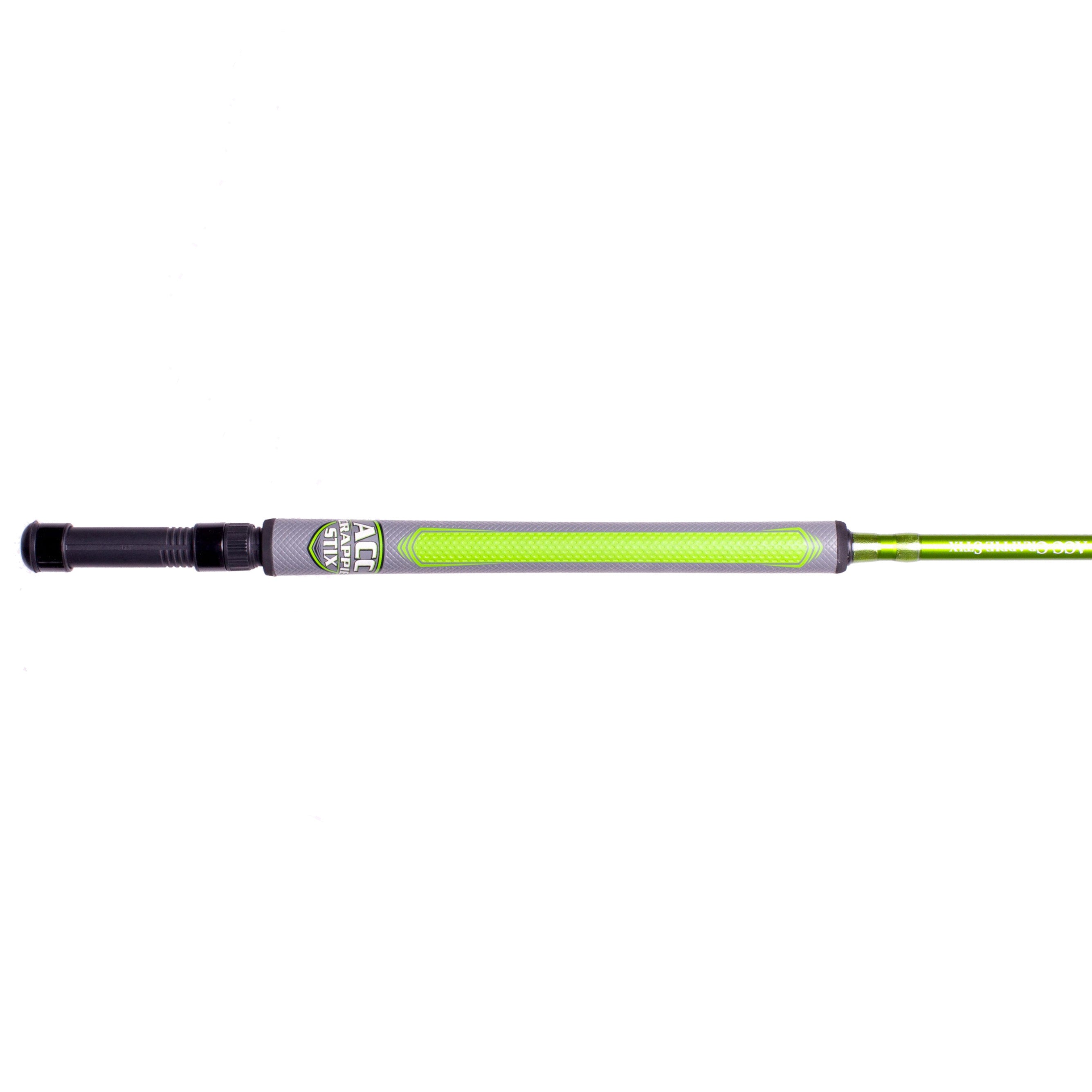 ACC Crappie Stix Super Grip Jigging Rods featuring a bright green textured grip handle and black reel seat, designed for precise control in fishing tackle.