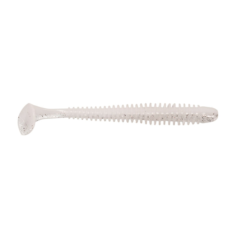 Keitech Swing Impact 3.5" + 4" soft plastic fishing lure in translucent white with subtle glitter, featuring a ribbed body and paddle tail for lifelike movement in water.
