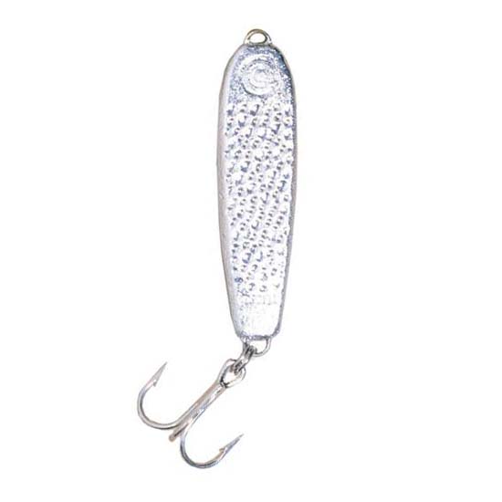 Silver metal fishing lure with textured surface and two-prong hook attached, designed for fishing tackle use, identified as Cotton Cordell CC Jigging Spoon.