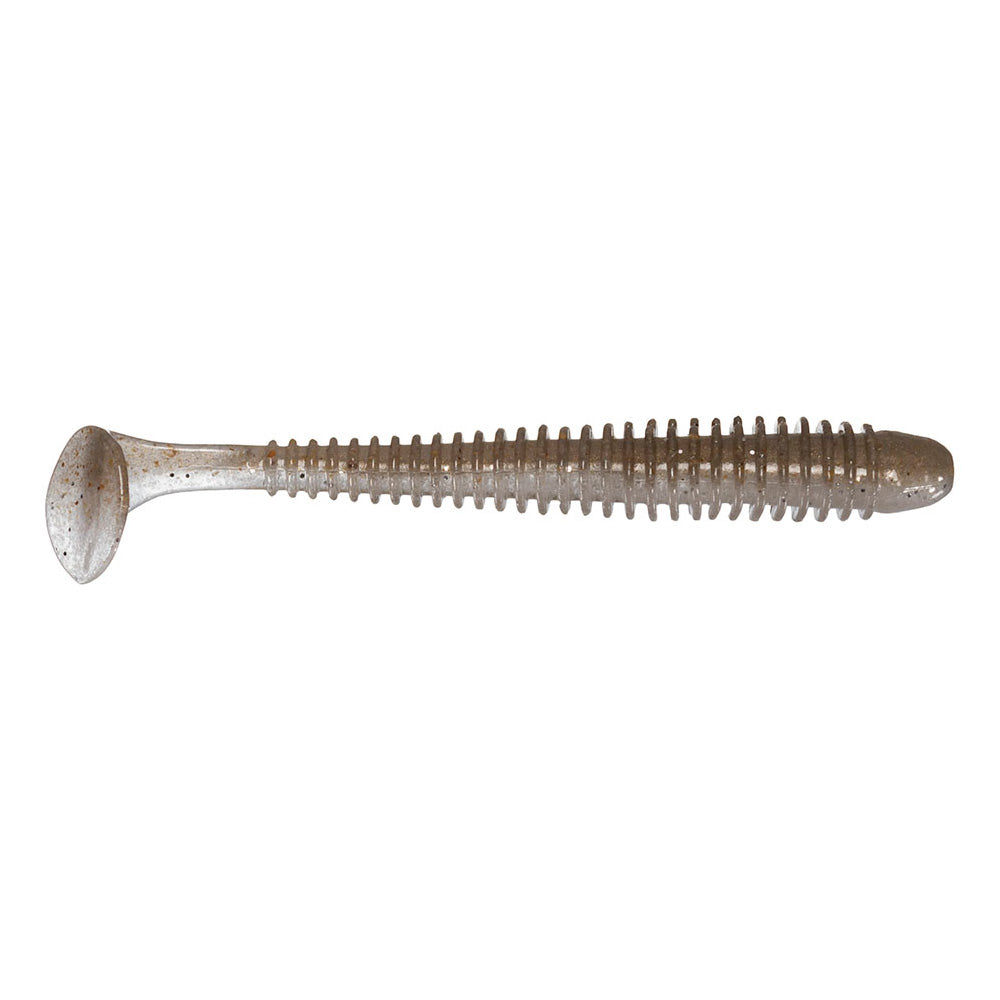 Keitech Swing Impact 3.5" + 4" soft plastic fishing lure in natural translucent brown with ribbed body and paddle tail, designed for lifelike movement in water.