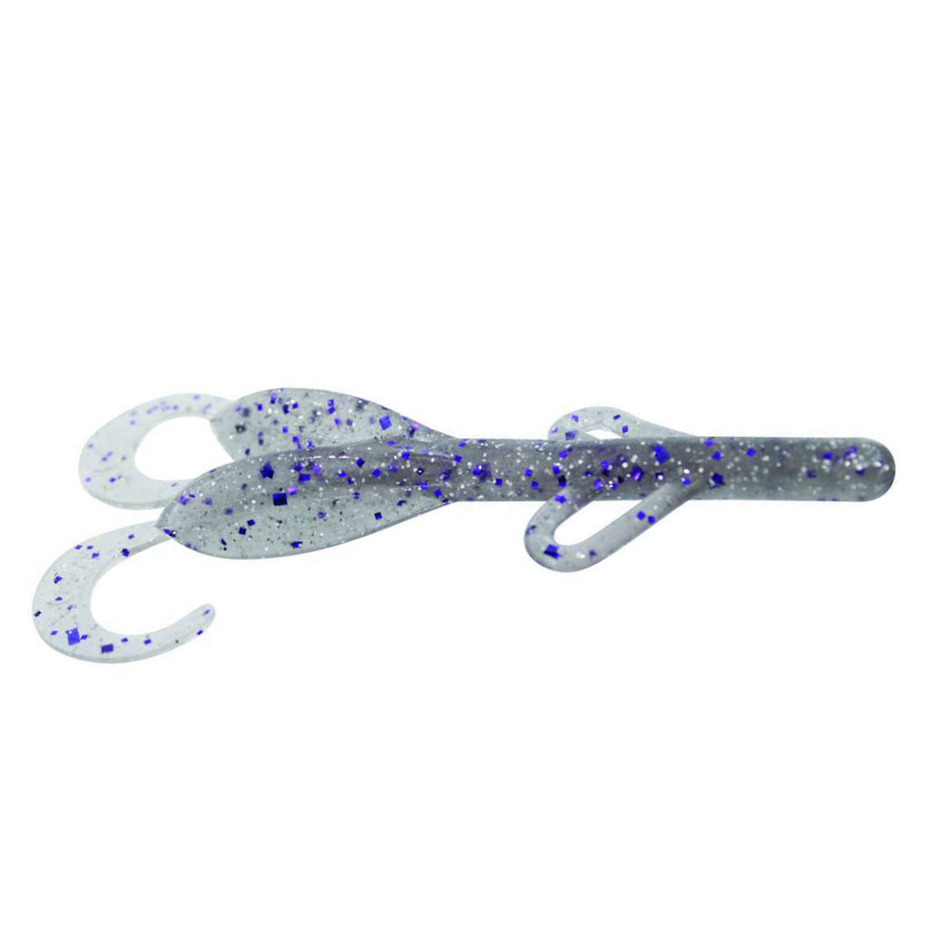 Zoom Baby Brush Hog soft plastic fishing lure in translucent gray with purple and silver glitter, featuring dual curved tails and rounded body for realistic movement.