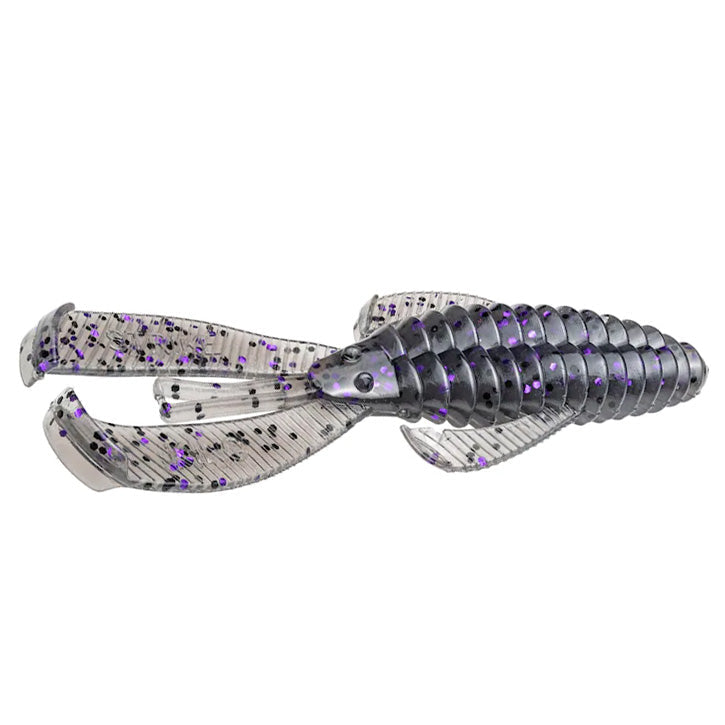 Soft plastic fishing lure with segmented body and two long, flexible appendages, speckled with purple flakes, known as the Strike King Rage Bug.