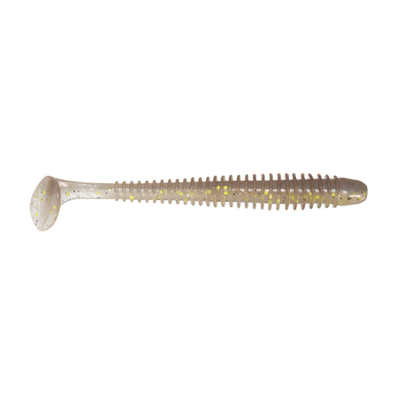 Keitech Swing Impact 3.5" + 4" soft plastic fishing lure in translucent color with gold flecks, designed for realistic movement in fishing tackle applications.