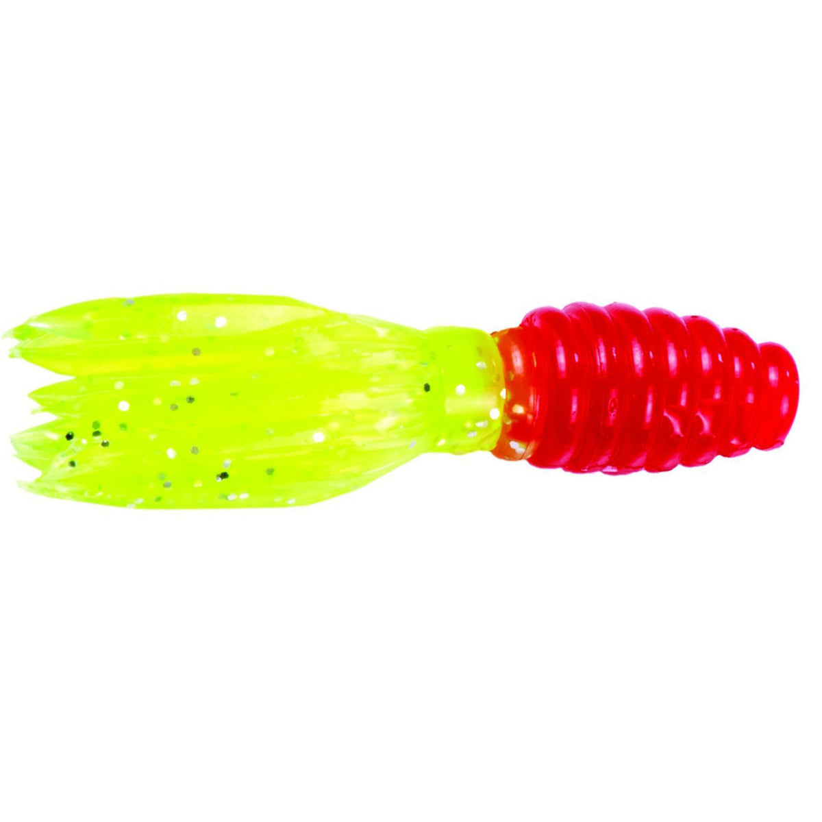 Strike King Mr. Crappie Thunder Tube Bait in bright red and chartreuse with glitter details, designed for fishing tackle to attract panfish and crappie.